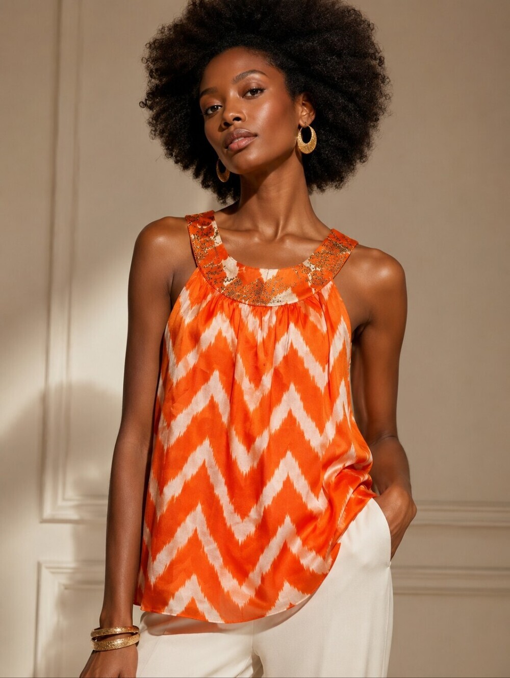 ❤️ MILLY SILK WOOL BLEND CHEVRON EMBROIDERED TANK TOP, 10